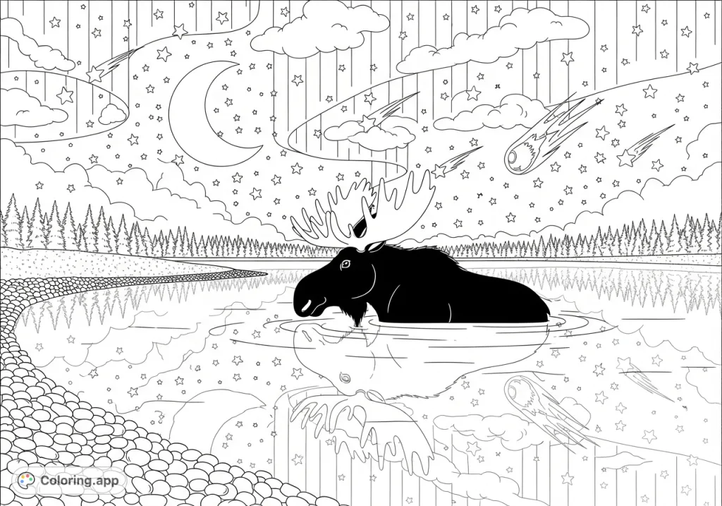 Discover a majestic bull moose under a celestial display of stars and northern lights, mirrored perfectly in a tranquil lake. A serene nature scene.