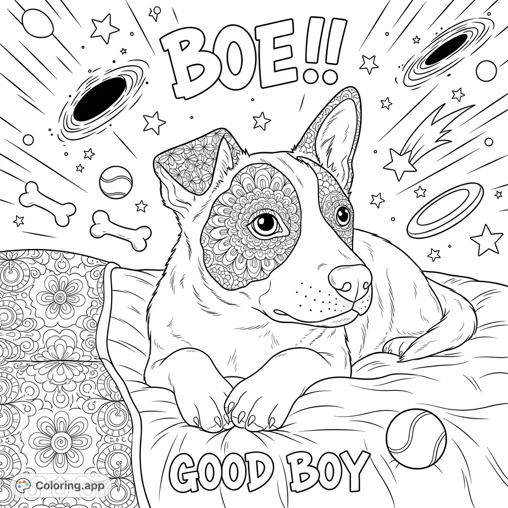 Discover a detailed domestic animal coloring page. An animal rests on a rumpled bed next to intricate floral and mandala patterns, perfect for mindful coloring.