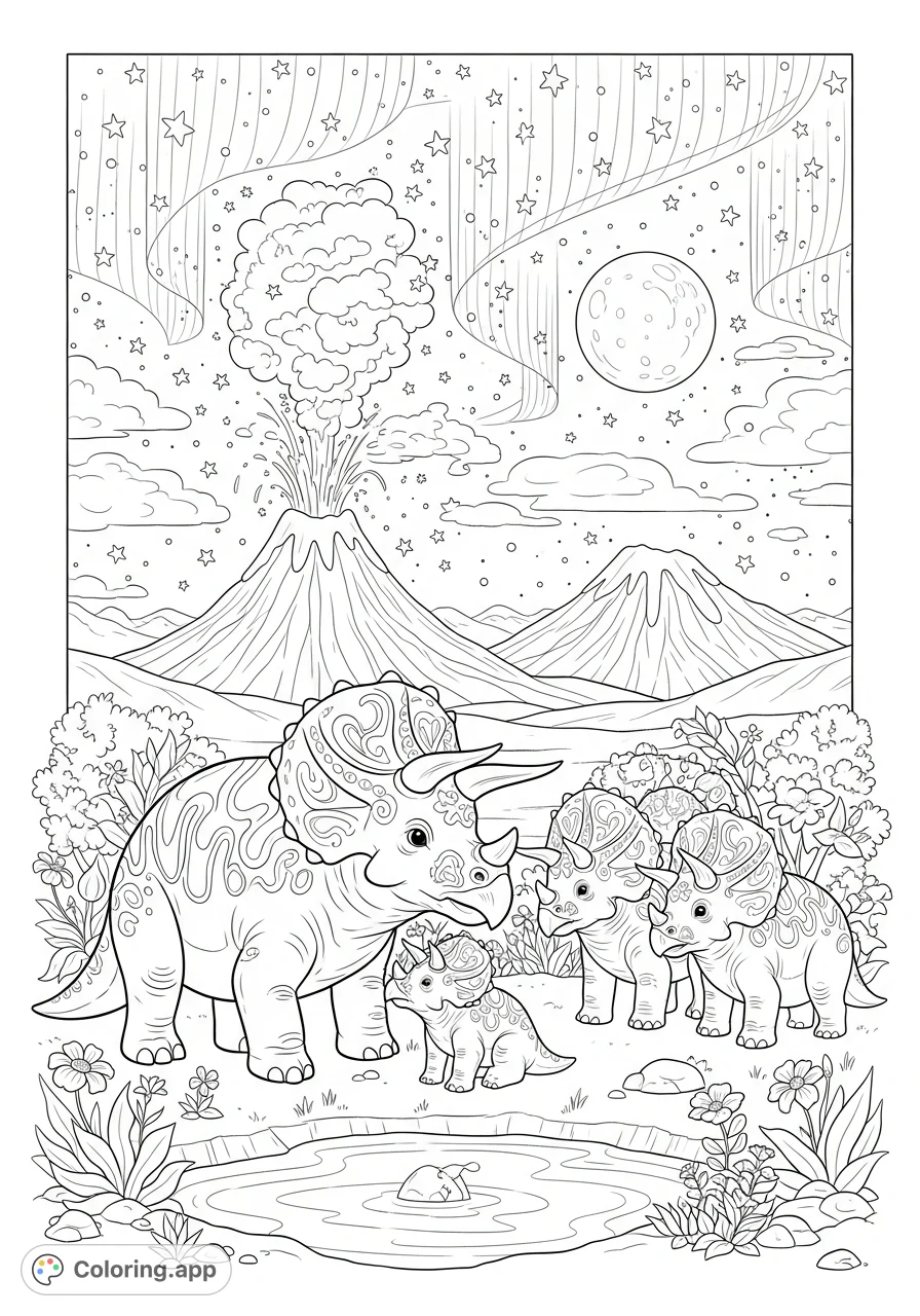A majestic triceratops family, with intricate patterns, gathers by a primordial watering hole under a dramatic night sky with an erupting volcano and Northern Lights.