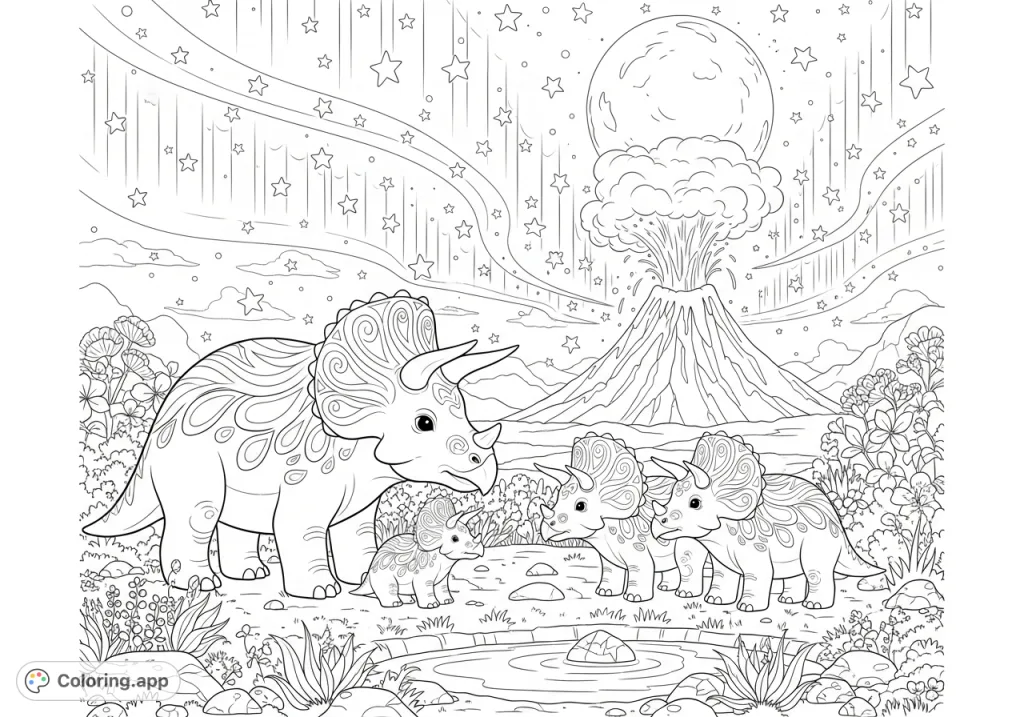 Discover a majestic triceratops family adorned with intricate patterns, gathered by a primordial watering hole under a celestial night sky with an erupting volcano.