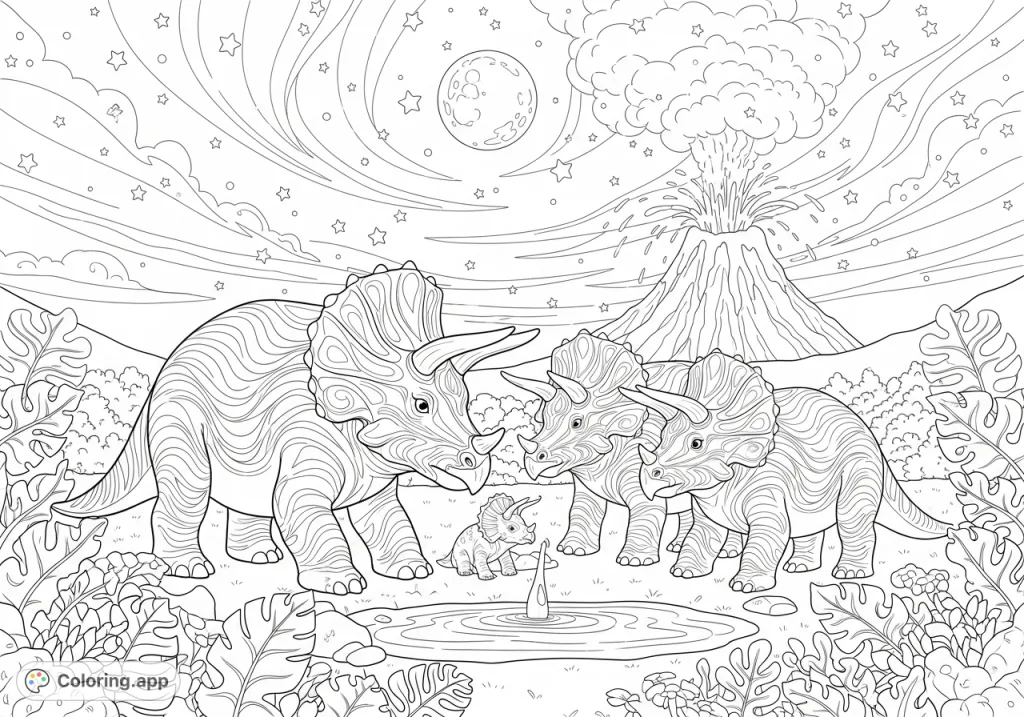 A detailed triceratops family coloring page featuring a grandmother, baby, and twins near a watering hole, surrounded by prehistoric plants under an aurora-lit night sky with a volcano.