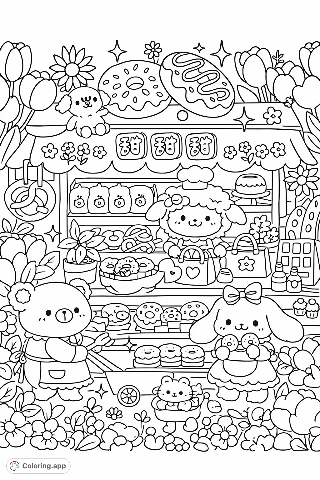 Step into a whimsical world of sweet treats! This kawaii-style coloring page features adorable animal chefs and customers surrounded by delicious donuts and pastries, set amidst a garden of blooming flowers.