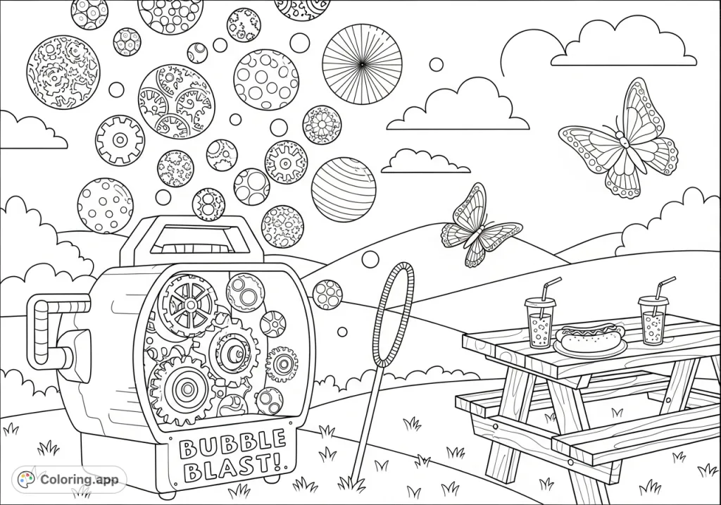 Dive into a whimsical bubble park scene featuring a detailed bubble machine, floating patterned bubbles, a picnic, and butterflies. A fun and intricate coloring challenge!