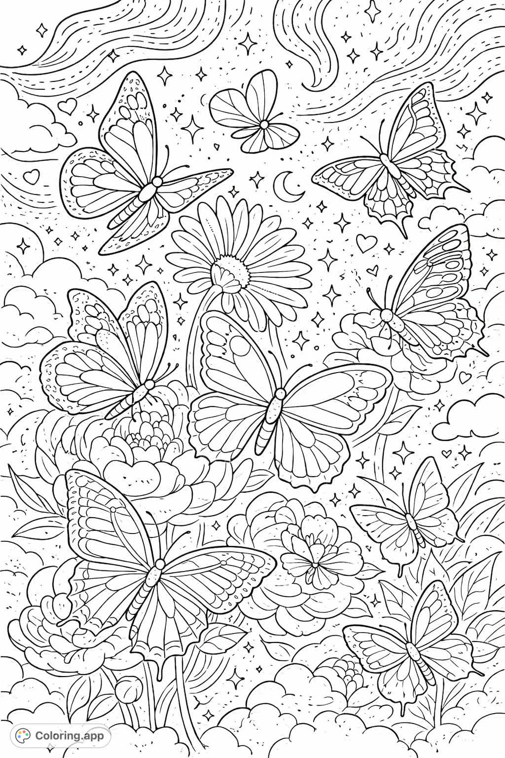 A whimsical butterfly coloring page featuring an array of graceful butterflies flitting among intricate flowers. This free printable coloring page offers a playful, celestial escape for adults.