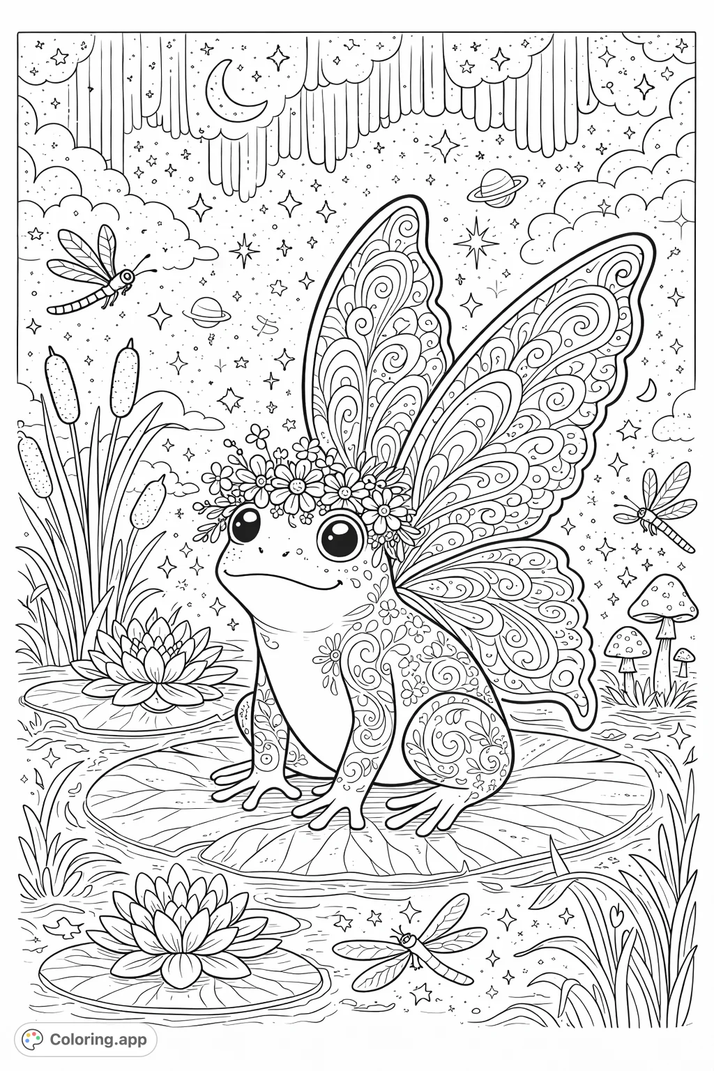 Discover a whimsical fairy frog amidst water lilies and dragonflies. This enchanted scene, adorned with celestial elements, invites a playful yet zen coloring experience.