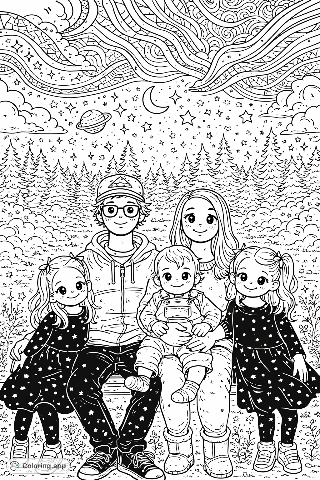 A heartwarming family portrait with two adults, two girls, and a baby on a bench amidst a whimsical forest. Features kawaii style, stars, clouds, and celestial patterns.