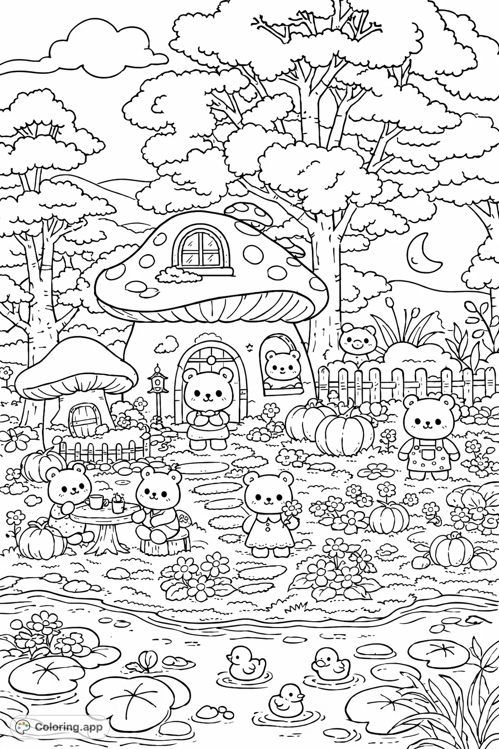 Explore a whimsical forest scene with adorable animal friends around a charming mushroom house, a pond with ducks, and lush gardens.