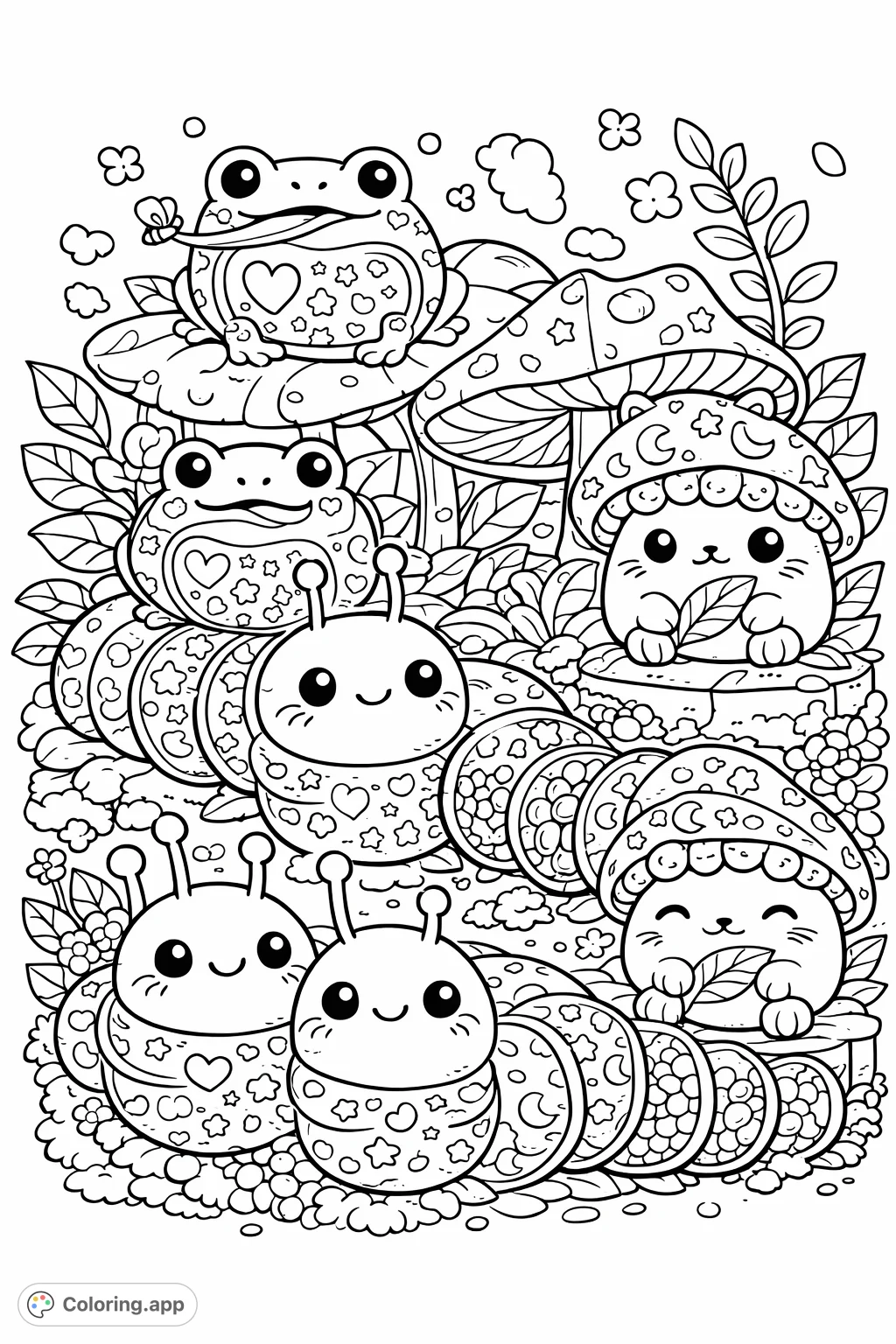 Discover a charming garden with whimsical frogs, cheerful caterpillars, and adorable mushroom friends nestled among detailed foliage. A delightful scene for creative coloring fun!
