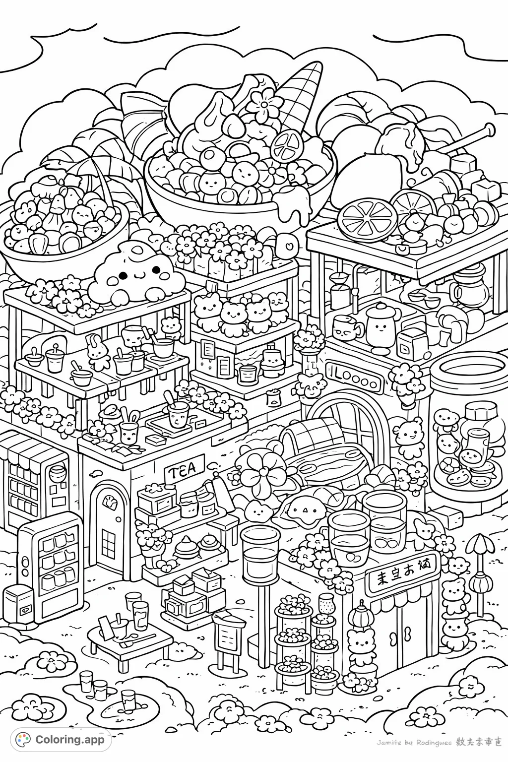 Explore a charming, whimsical market filled with cute cloud characters, delectable treats, and playful stalls in this highly detailed, kawaii-style coloring page.