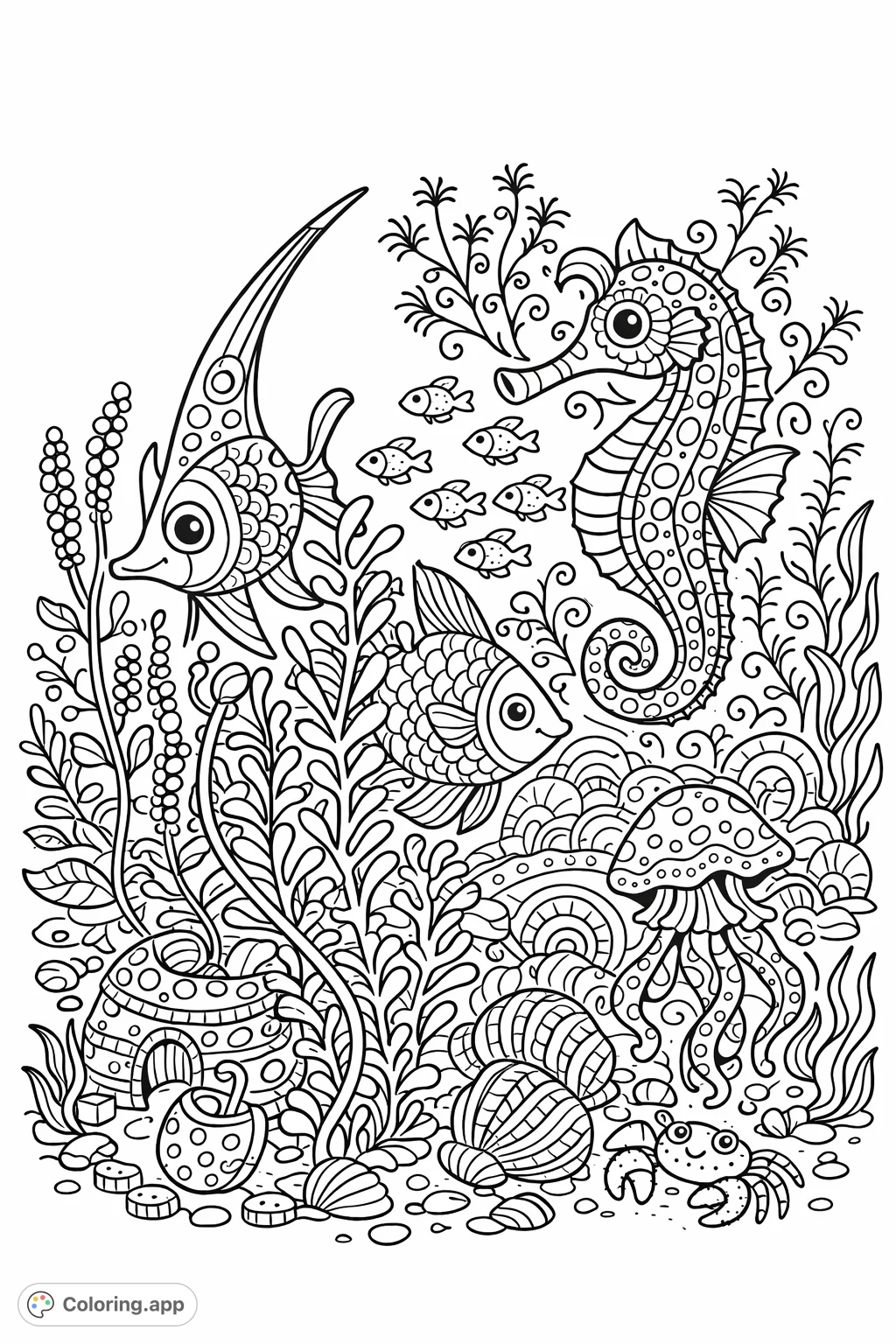 Dive into a whimsical underwater world! This detailed page features a playful seahorse, diverse fish, jellyfish, and treasures among intricate aquatic plants.