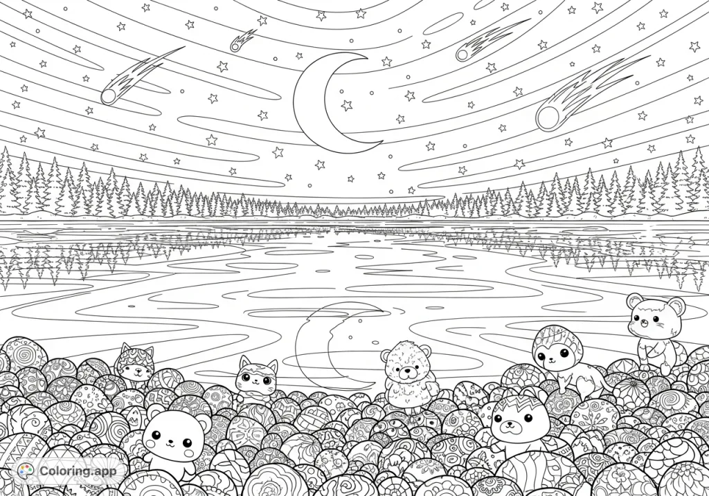 Explore a whimsical night sky Zen tangle coloring page featuring a crescent moon, reflecting lake, patterned pebbles, and cute kawaii animals.