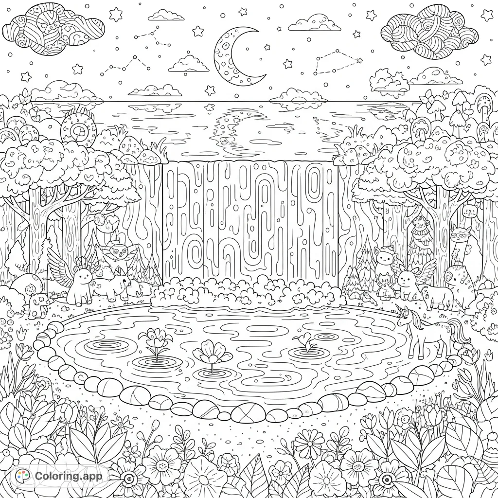 Immerse yourself in a zentangle enchanted forest waterfall scene with mythical creatures, abundant flora, and celestial elements. A detailed fantasy escape.