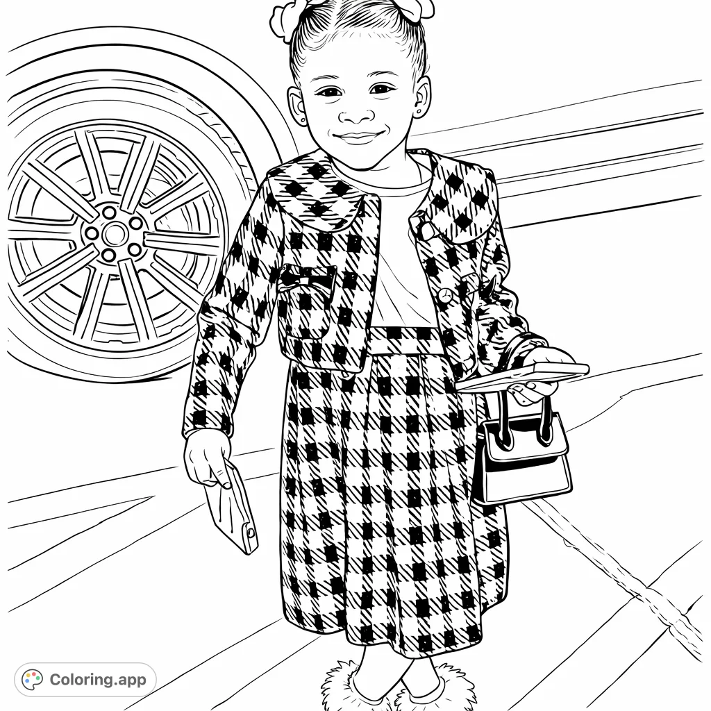 A stylish child in a checkered suit, holding a tiny handbag, stands confidently in a detailed scene with a car and patterned ground. A fun, fashionable coloring page.