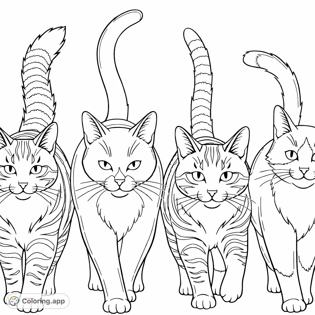 A charming parade of four distinct felines, each with unique patterns and expressive faces. Perfect for pet lovers to bring to life with personalized hues.