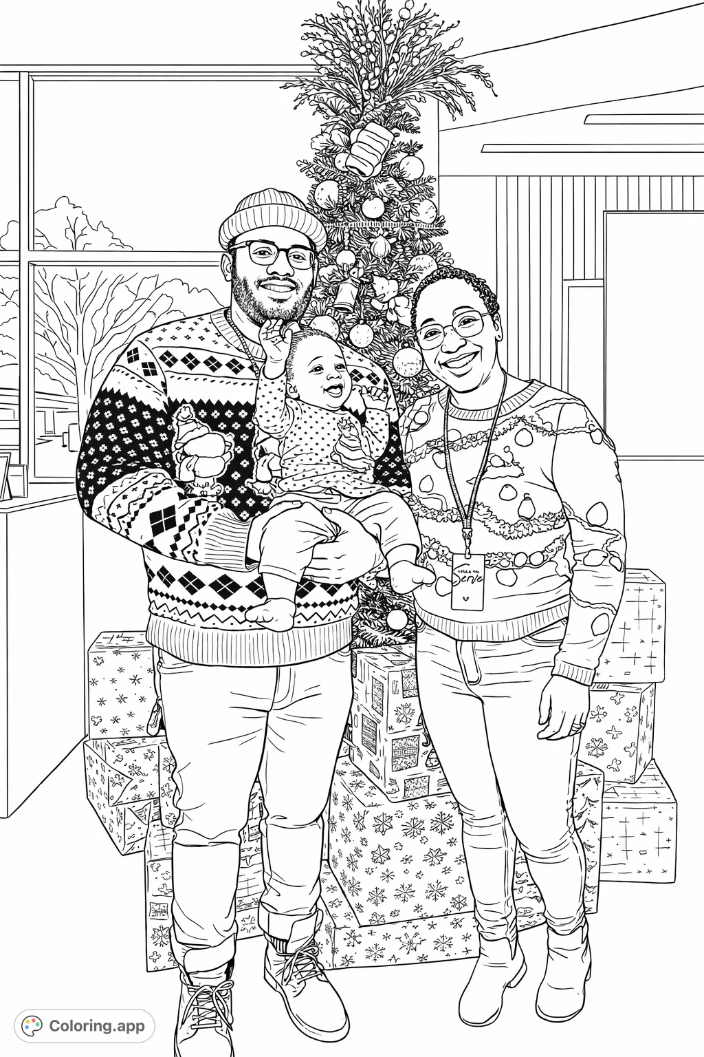A joyful family in festive patterned sweaters poses by a decorated tree and stacked gifts, offering a heartwarming holiday coloring experience for all.