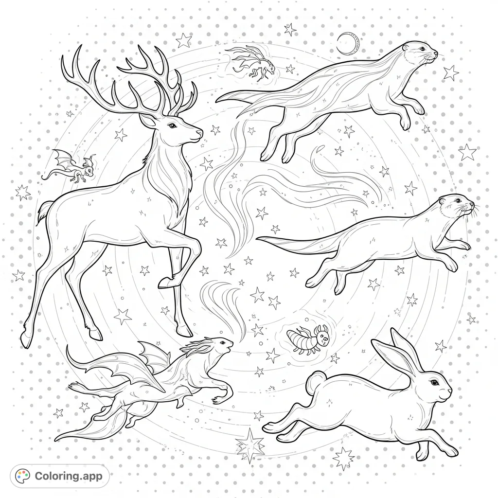 Discover your inner magic with this mystical Patronus coloring page featuring ethereal animal forms. A free printable journey into a world of enchantment!