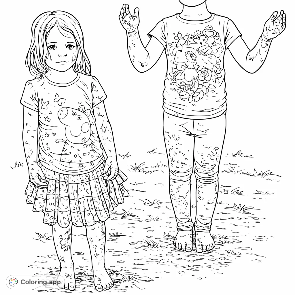 Two joyful children after an adventurous playtime, covered in mud from head to toe, standing in a grassy field. A fun outdoor scene for coloring.