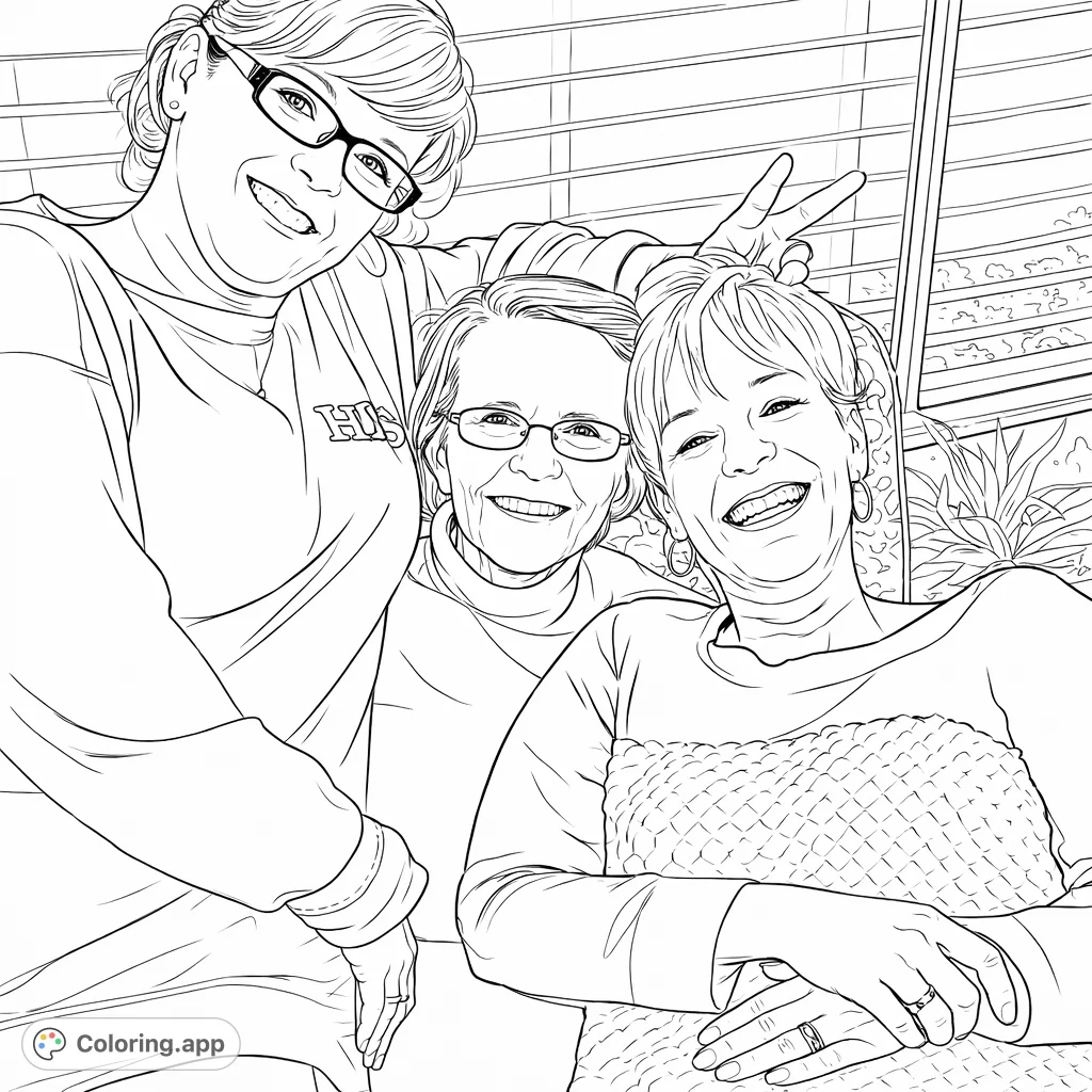 Capture the warmth of a family moment with this joyful portrait coloring page. Three smiling women pose together, perfect for adding your personal touch.