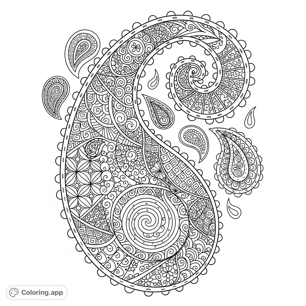 Immerse yourself in this intricate Paisley Zentangle design, a visually engaging fusion of flowing shapes and detailed patterns, perfect for mindful coloring.