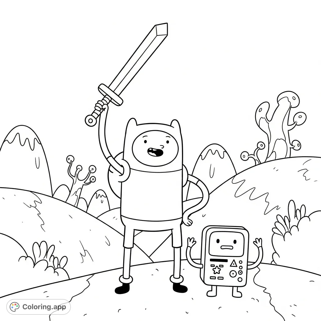 Join Finn the Human and BMO on an exciting adventure. Finn wields his mighty sword alongside his trusty companion, ready for action in the whimsical land of Ooo.