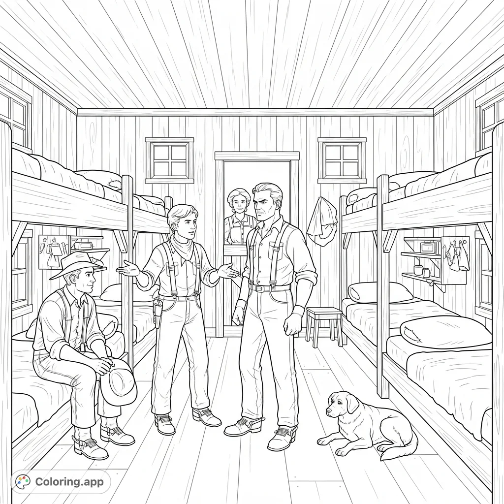 Immerse in Of Mice and Men with this detailed bunkhouse coloring page, capturing George, Lennie, Candy, Curley, and Curley's wife in a pivotal scene.