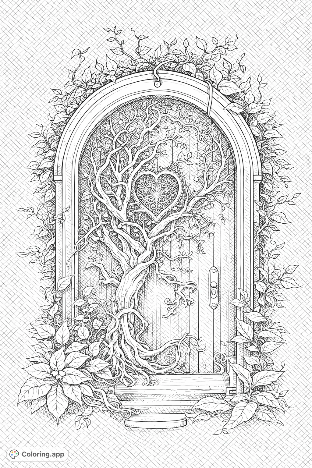 Discover a magical tree door surrounded by lush foliage and intricate patterns. This detailed scene offers an enchanting escape, perfect for all ages.