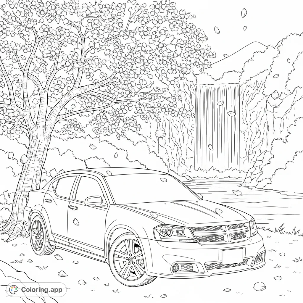 Color a 2011 Dodge Avenger amidst Japanese nature with a blooming cherry blossom tree and a distant waterfall. A unique automotive and natural scene.