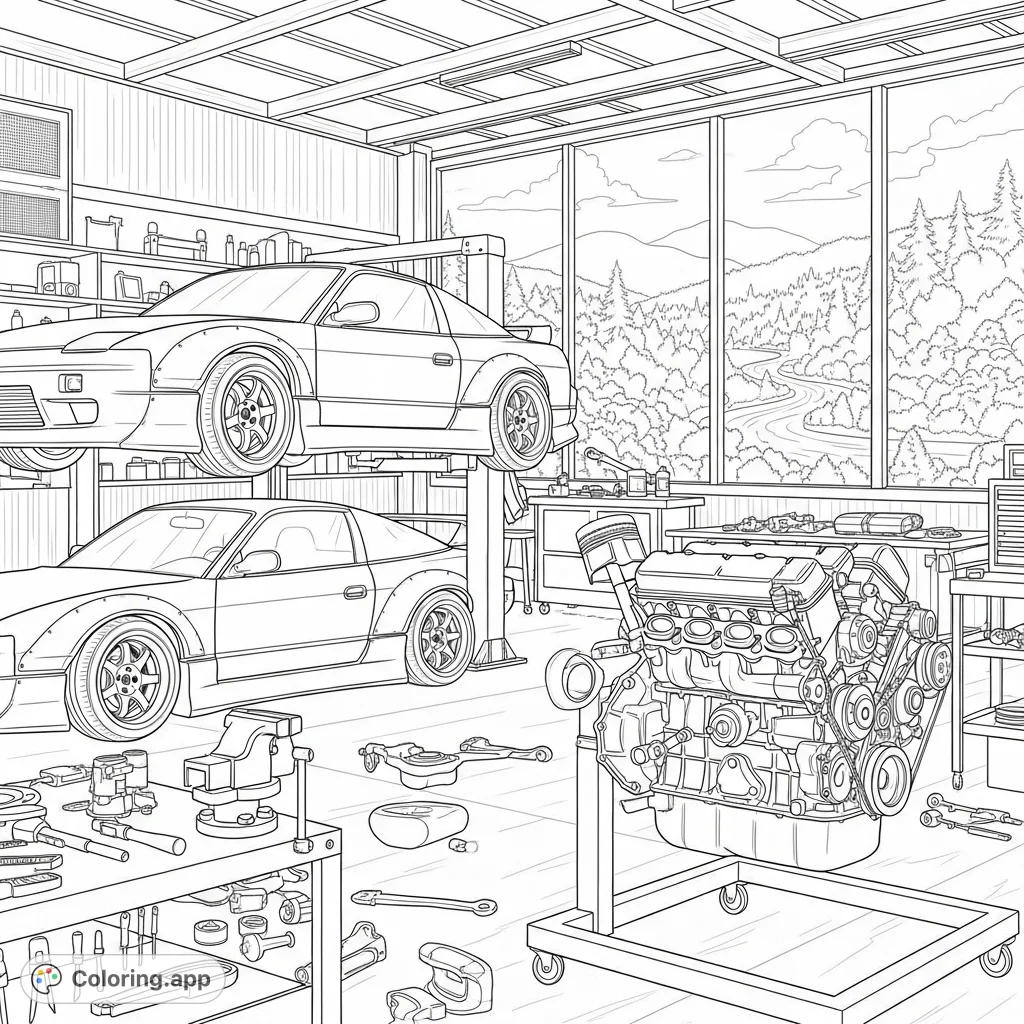 Explore a detailed mechanic's shop with a custom 180sx on a hoist and a partially assembled rb26 engine. A window reveals a serene landscape.