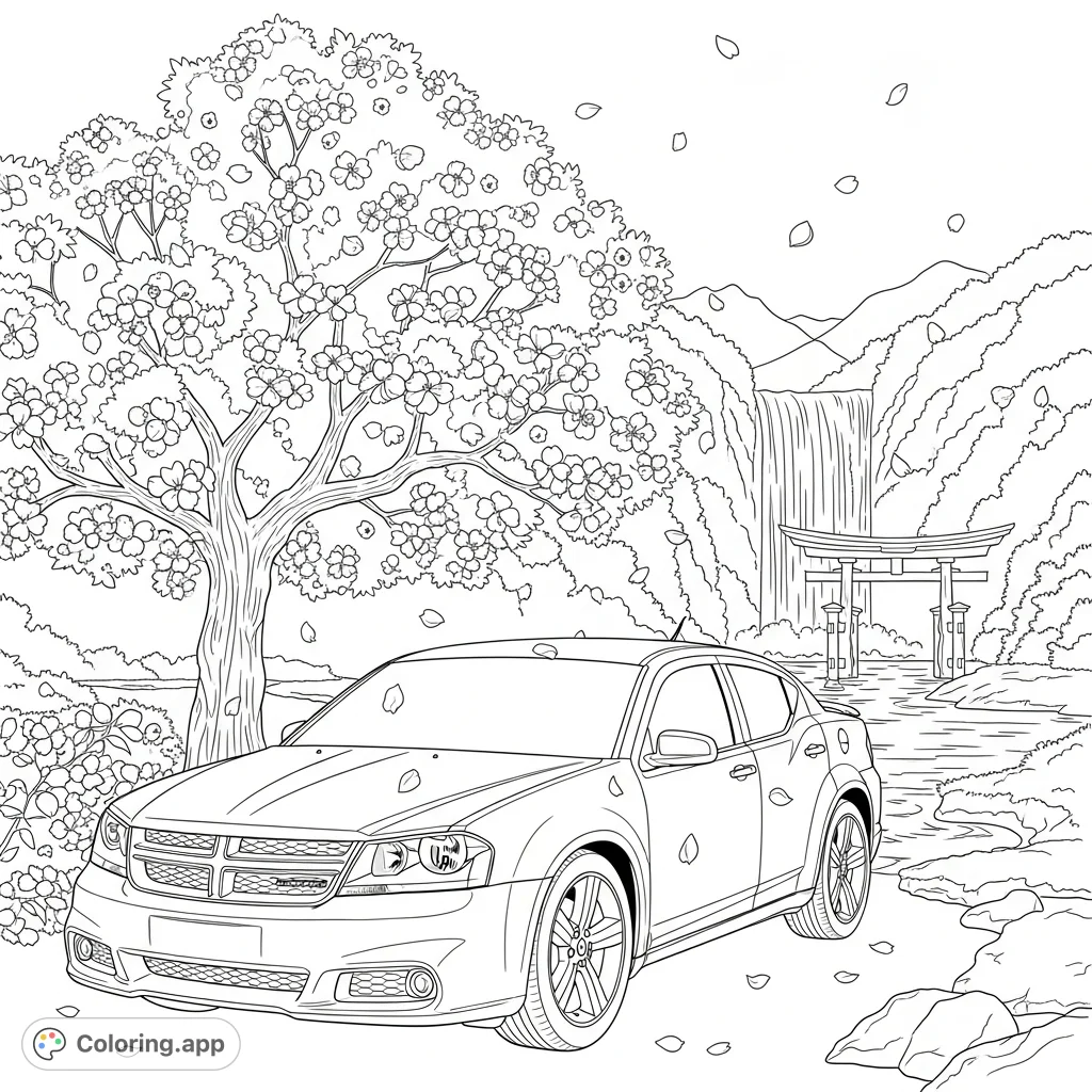 A detailed 2011 Dodge Avenger R/T coloring page set amidst a serene Japanese landscape with cherry blossoms, a waterfall, and a torii gate.