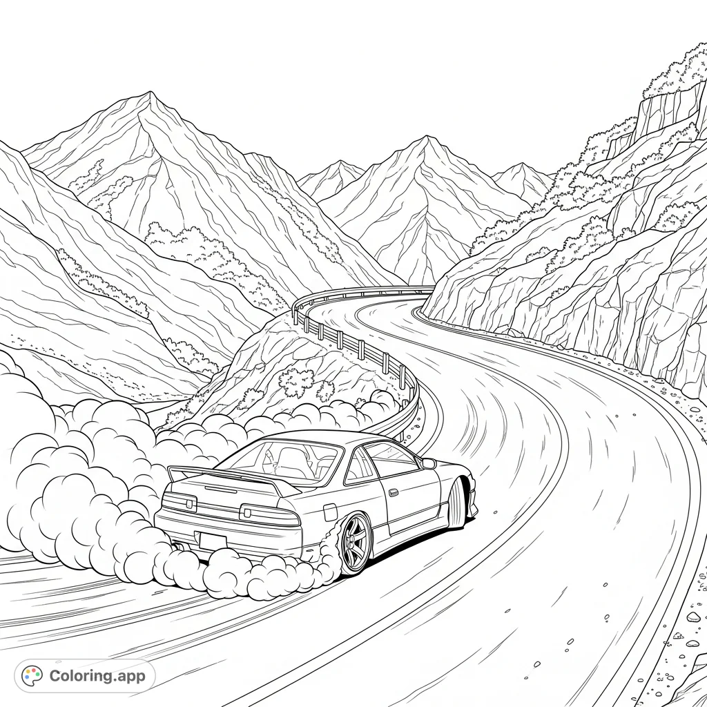 Experience the thrill of a 90s Japanese sports car mid-drift on a winding mountain road. Featuring dynamic smoke trails and majestic peaks.