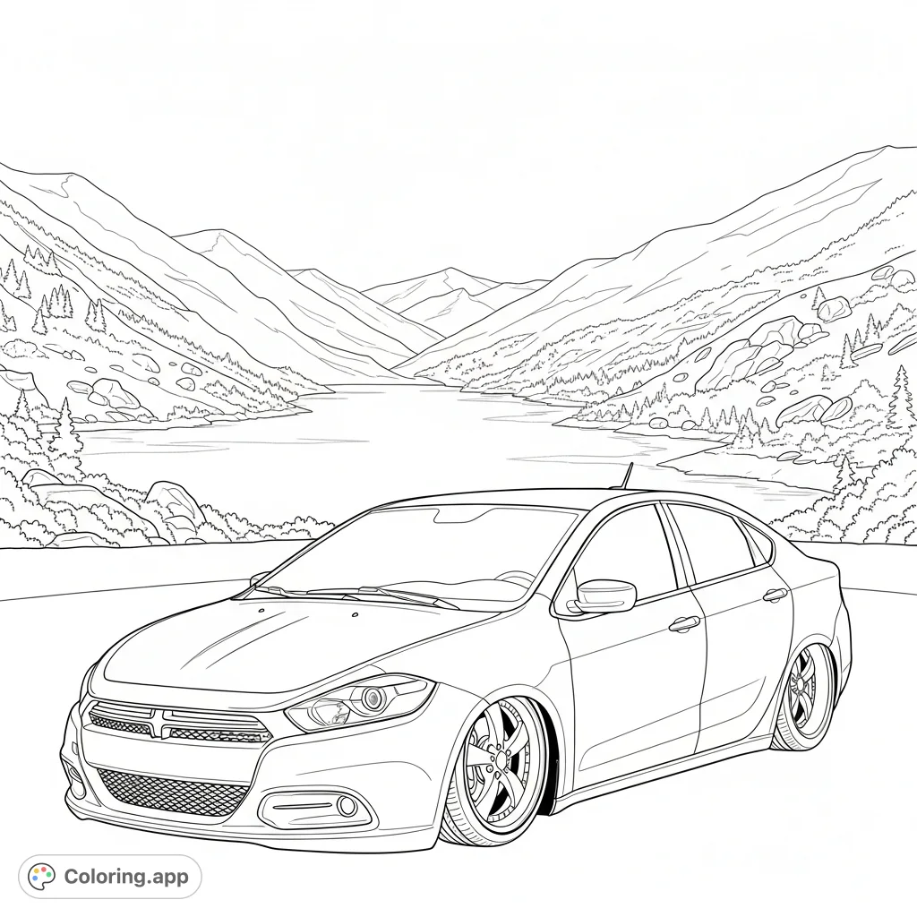 Color a sleek, lowered Dodge Dart parked by a tranquil lake, set against a majestic valley backdrop. Unleash your creativity on this scenic vehicle coloring page.