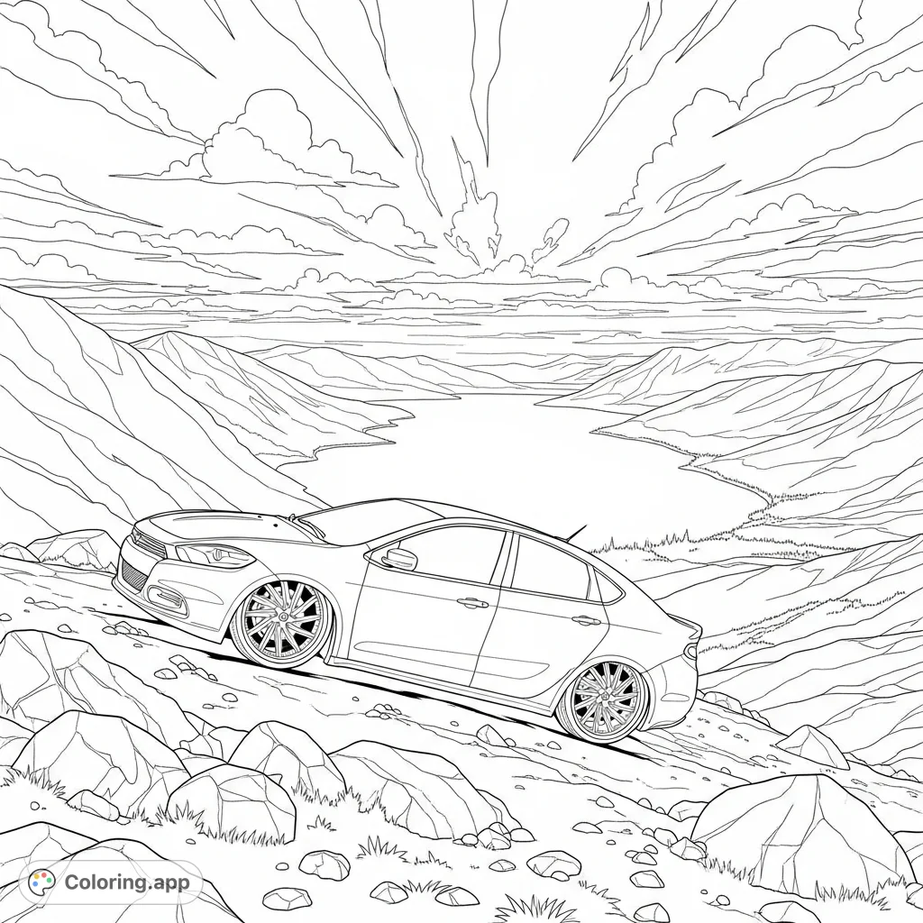 A sleek, lowered Dodge Dart with custom rims overlooks a serene lake and vast valley from a mountain peak, under a sky filled with dramatic clouds. Perfect for car enthusiasts!