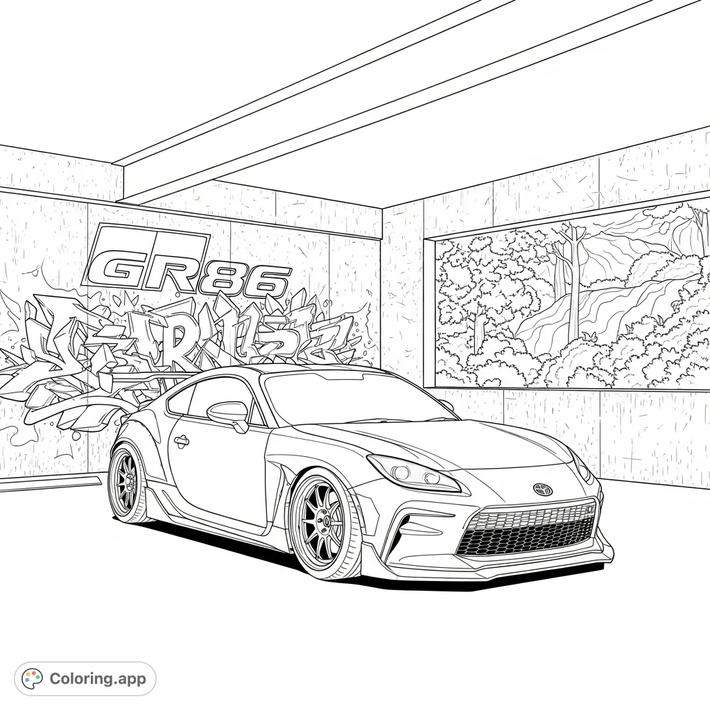 Color a dynamic Toyota GR86 with a widebody kit, parked in an urban garage featuring complex graffiti and a glimpse of nature. Perfect for car enthusiasts!