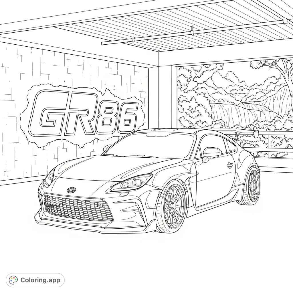 An exciting Toyota GR86 coloring page featuring a widebody kit and ducktail spoiler, parked in a garage with "GR86" graffiti and nature in the background.