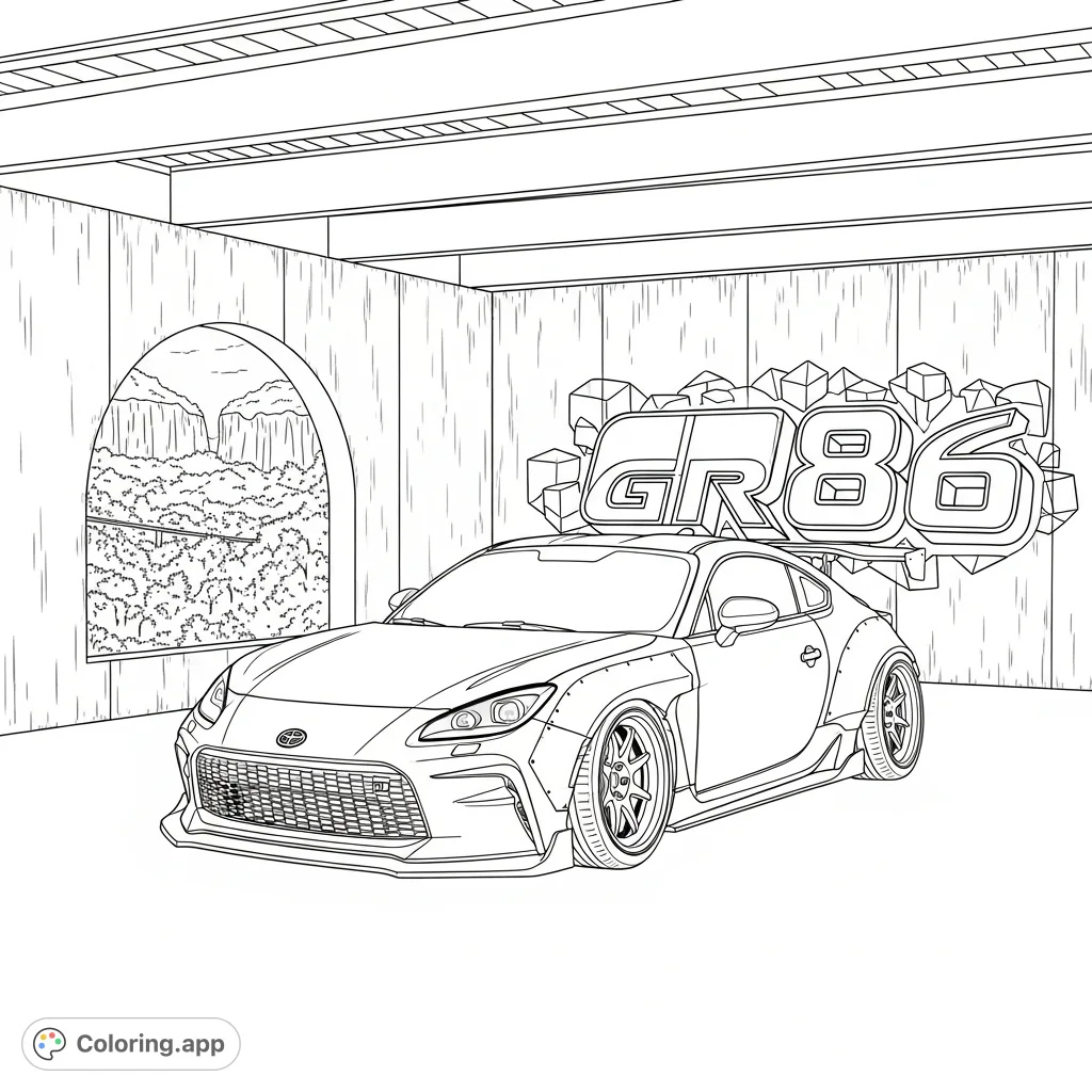 Color a customized Toyota GR86 with a rocketbunny widebody kit and ducktail spoiler, parked in a graffiti-filled garage with a peek of nature beyond. Perfect for car enthusiasts!