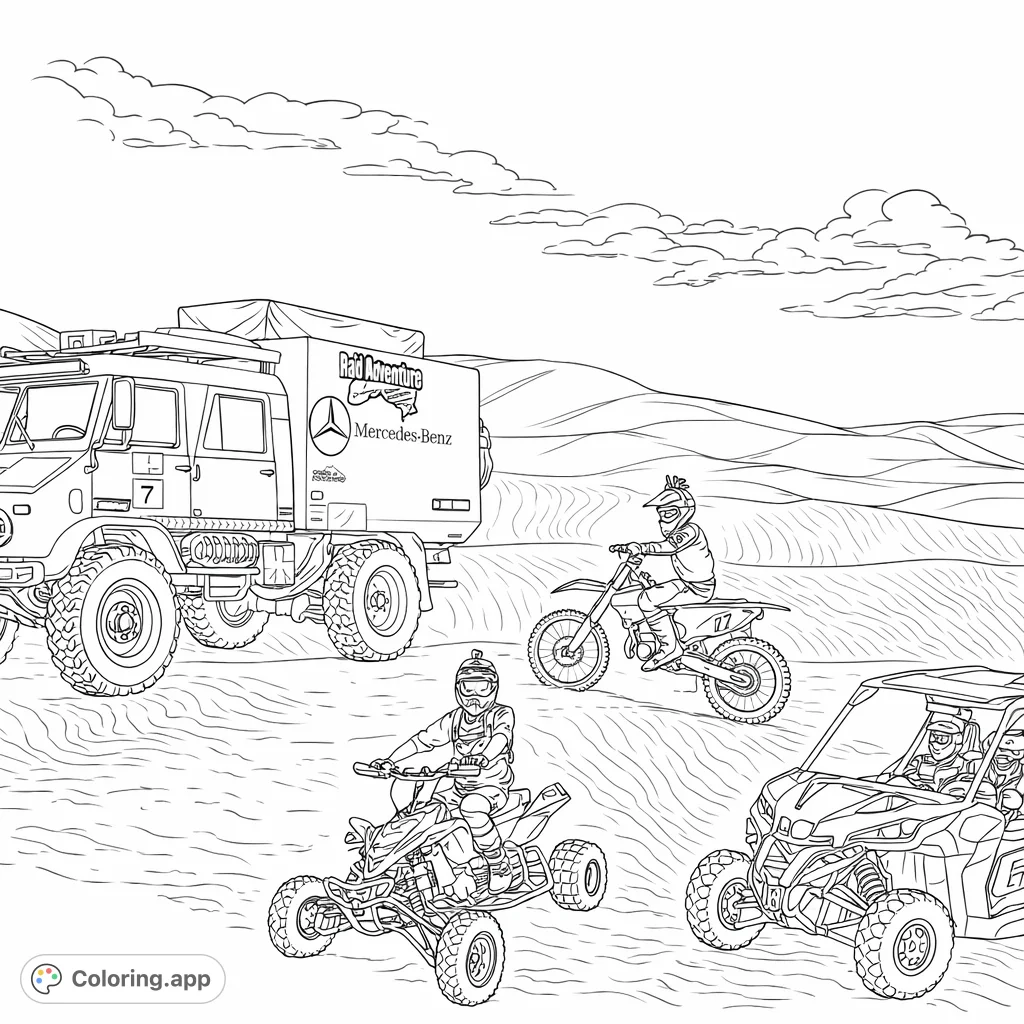 Embark on a desert off-road adventure featuring powerful trucks, quad bikes, dirt bikes, and UTVs navigating expansive sand dunes under a vast sky.