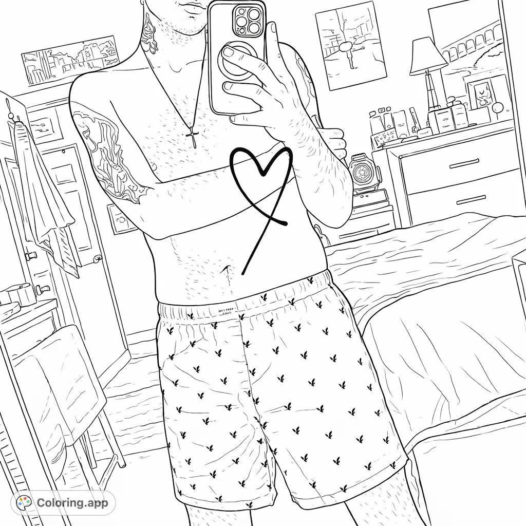 A detailed coloring page featuring a person in patterned boxer shorts, with arms crossed and tattoos visible, captured in a reflective surface setting.