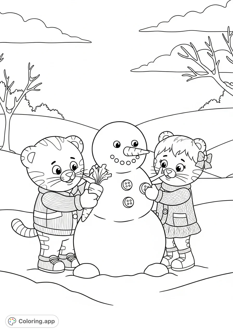 Daniel Tiger and Margaret build a happy snowman in a snowy scene. A delightful free printable coloring page for kids to enjoy winter fun!
