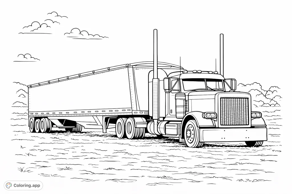 Explore this detailed big rig truck and its long grain trailer parked in a field with a hay bale. A fantastic transport coloring page for vehicle enthusiasts.