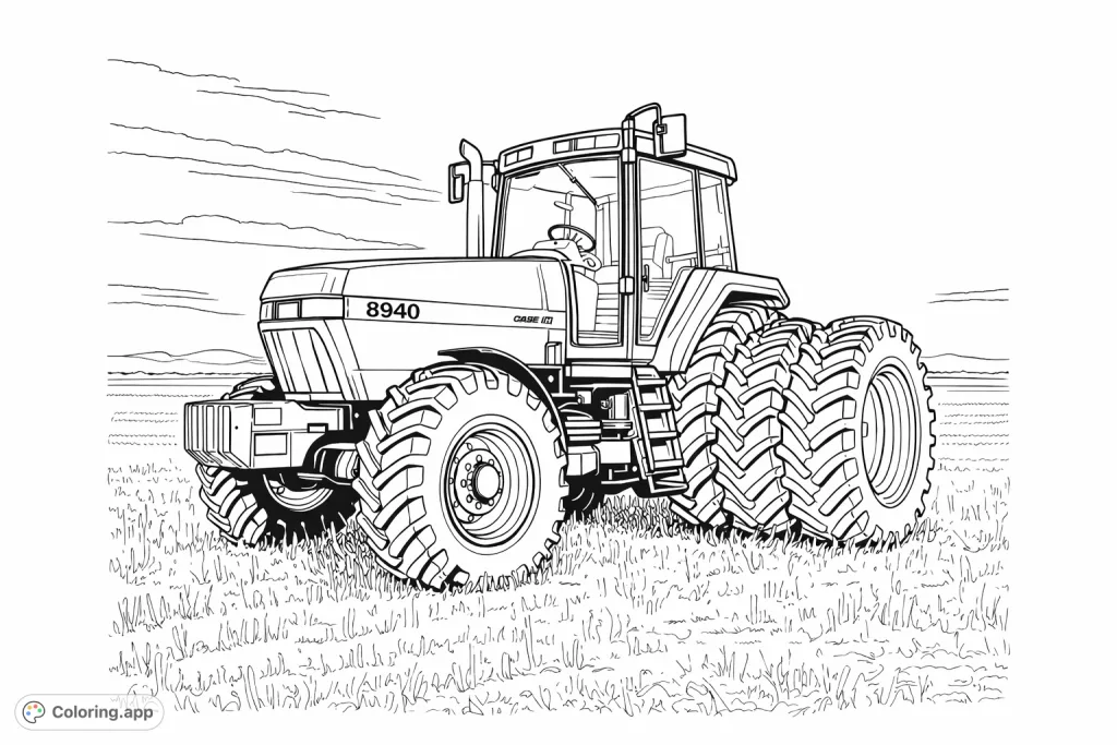 Color a mighty farm tractor standing tall in a vast field under an open sky. Explore intricate details from its robust wheels to its powerful engine components.