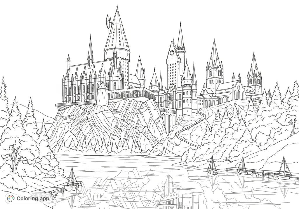 Immerse yourself in the magic with this detailed Hogwarts castle coloring page, featuring iconic towers, intricate architecture, and a dramatic landscape.