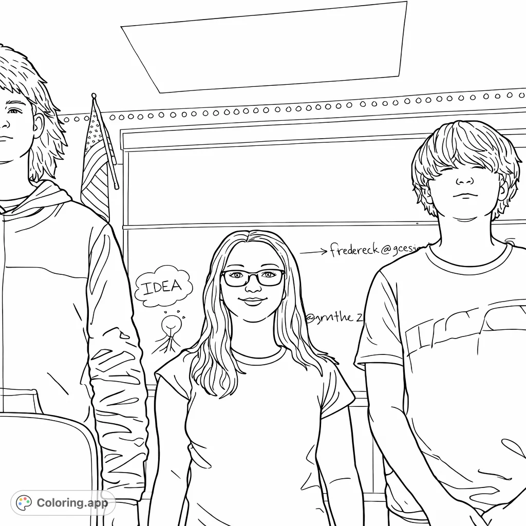 A contemporary group of three students in a classroom setting, featuring a whiteboard and flag. Perfect for teens who enjoy modern, relatable scenes.