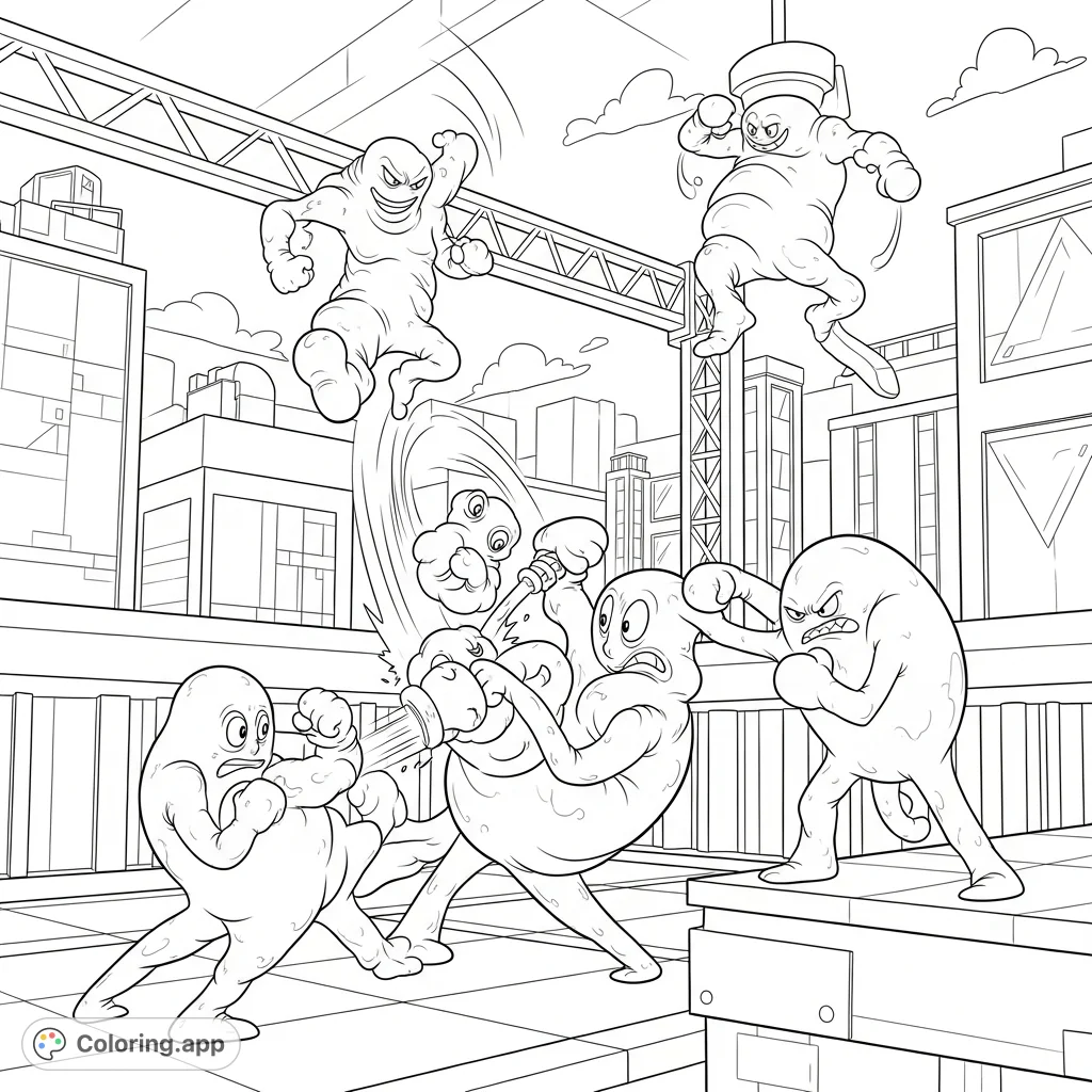 Dive into the chaotic world of Gang Beasts with this action-packed coloring page. Featuring wobbly characters brawling in a dynamic arena.