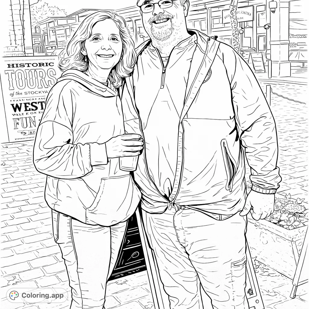 A cheerful couple enjoys a stroll through a historic district, featuring cobblestone paths and charming architecture. A detailed page for a relaxing coloring experience.