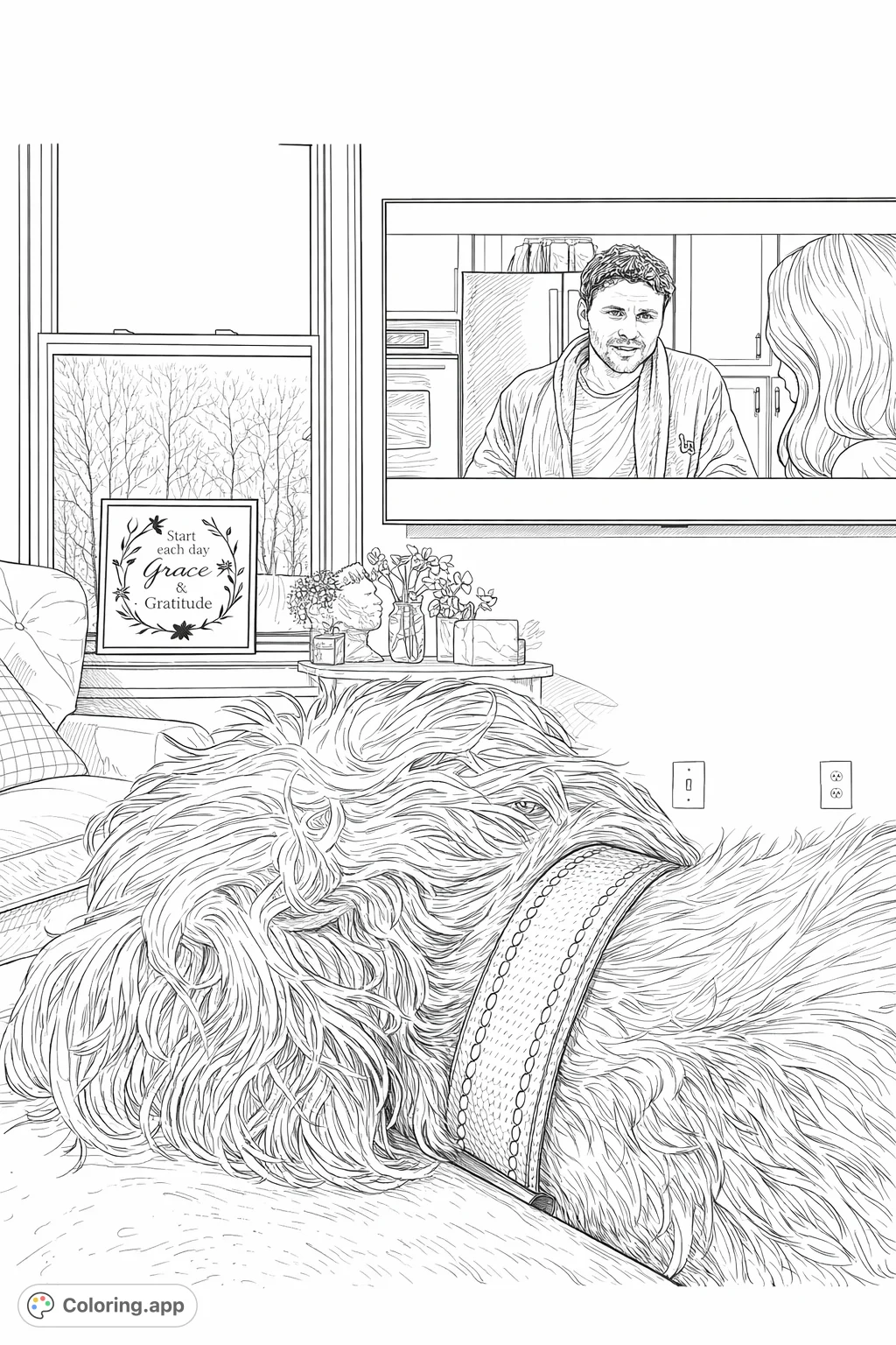 A shaggy dog relaxes on a couch watching TV in a sunlit room, surrounded by home decor. This detailed coloring page offers a realistic, comforting scene.
