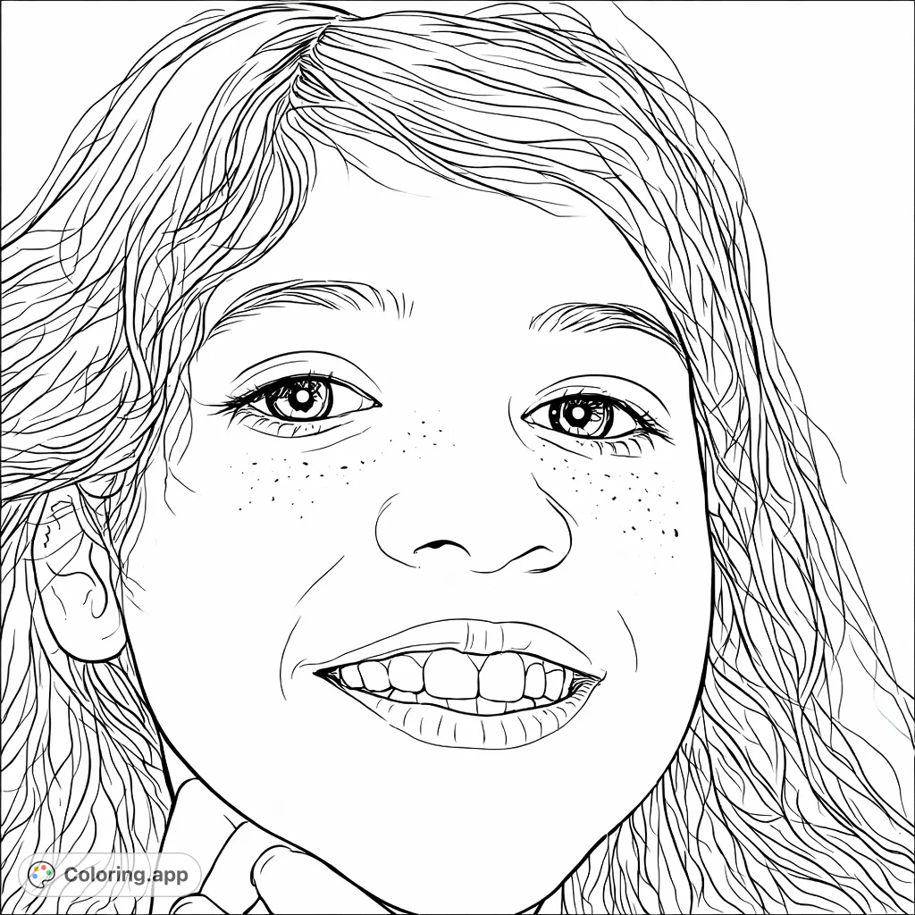 A heartwarming portrait of a smiling young person with wavy hair and freckles, captured in a delightful, engaging pose, perfect for a joyful coloring experience.