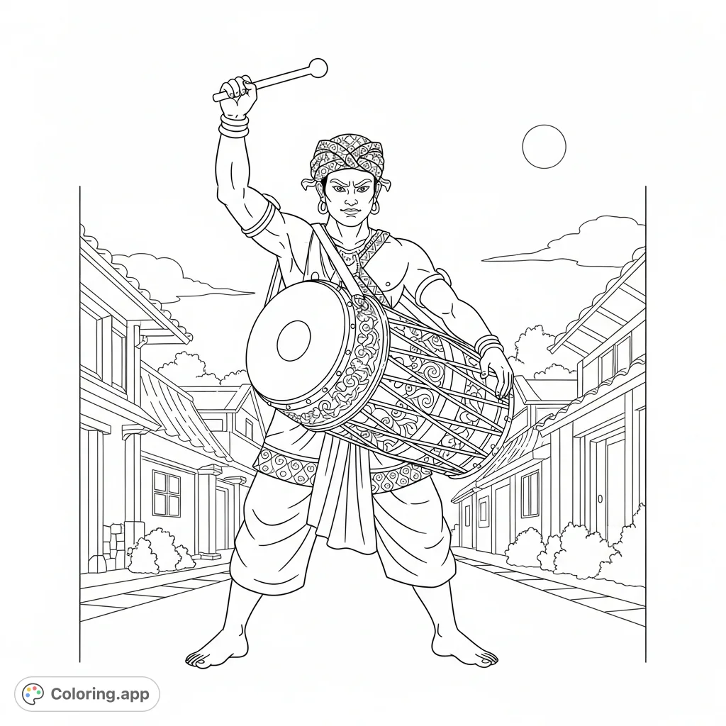 Capture the powerful presence of a Tung Tung Sahur drummer standing menacingly with an ornate drum. A detailed cultural coloring page for all ages.