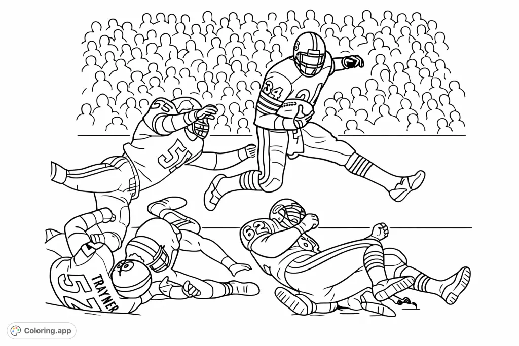 Experience the excitement of a football game with a player leaping over opponents. This thrilling moment is ready for your creative touch!