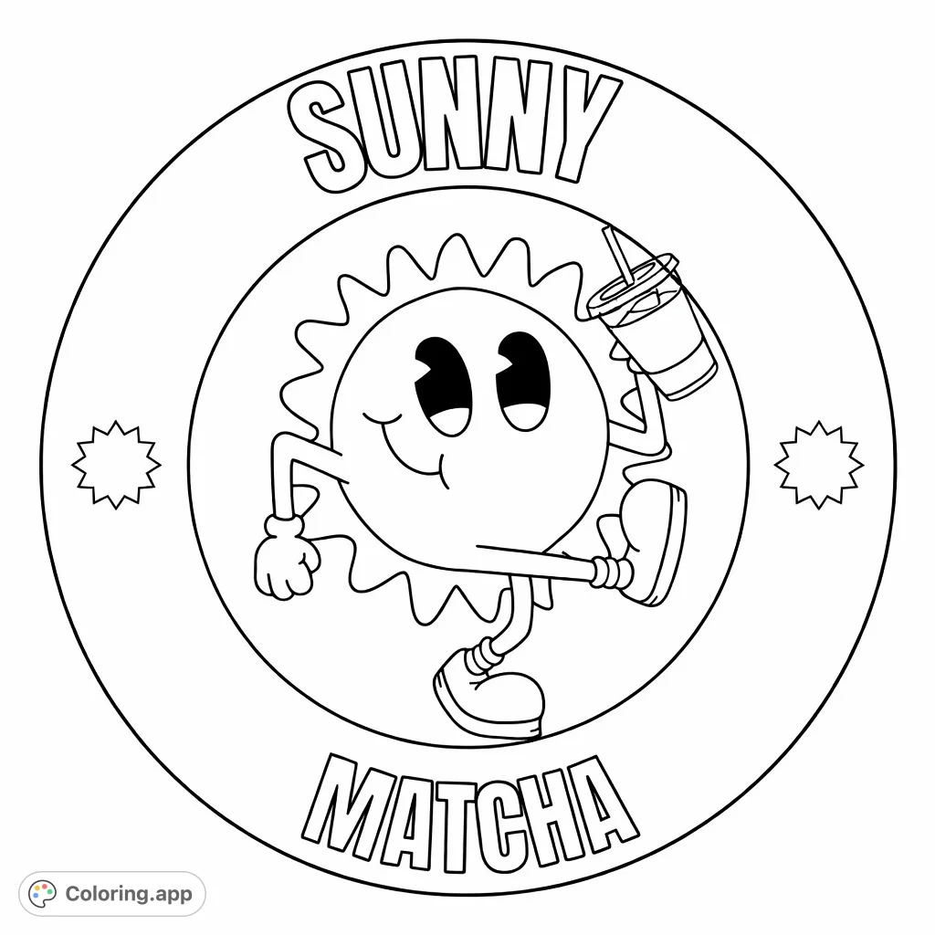 A playful sun character with a big smile, sporting gloves and shoes, holds a refreshing drink inside a circular frame with starburst details.