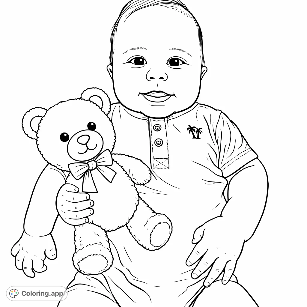 A sweet baby with a playful smile rests on a soft surface, accompanied by a cuddly teddy bear. A heartwarming scene ready for gentle colors.